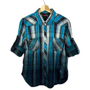 Rock & Roll Cowgirl Women's Size L Button Down Blue Black Pearl Snaps Western